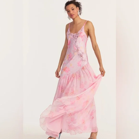 LoveShackFancy Pink Floral Lace-Trim Maxi Dress - Picture 3 of 5